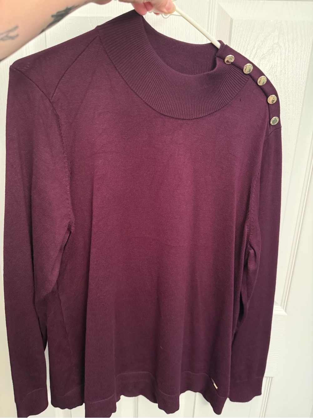 Women’s Calvin Klein Plum Long-Sleeve Mock Neck Top with Shoulder Buttons